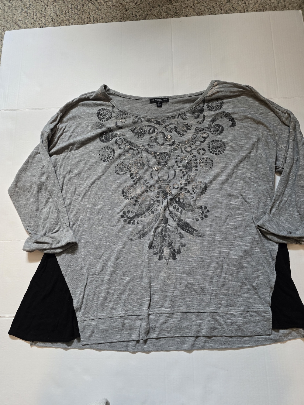 Signature Studio Gray Embellished Long Sleeve Sweatshirt with Black Side Panels